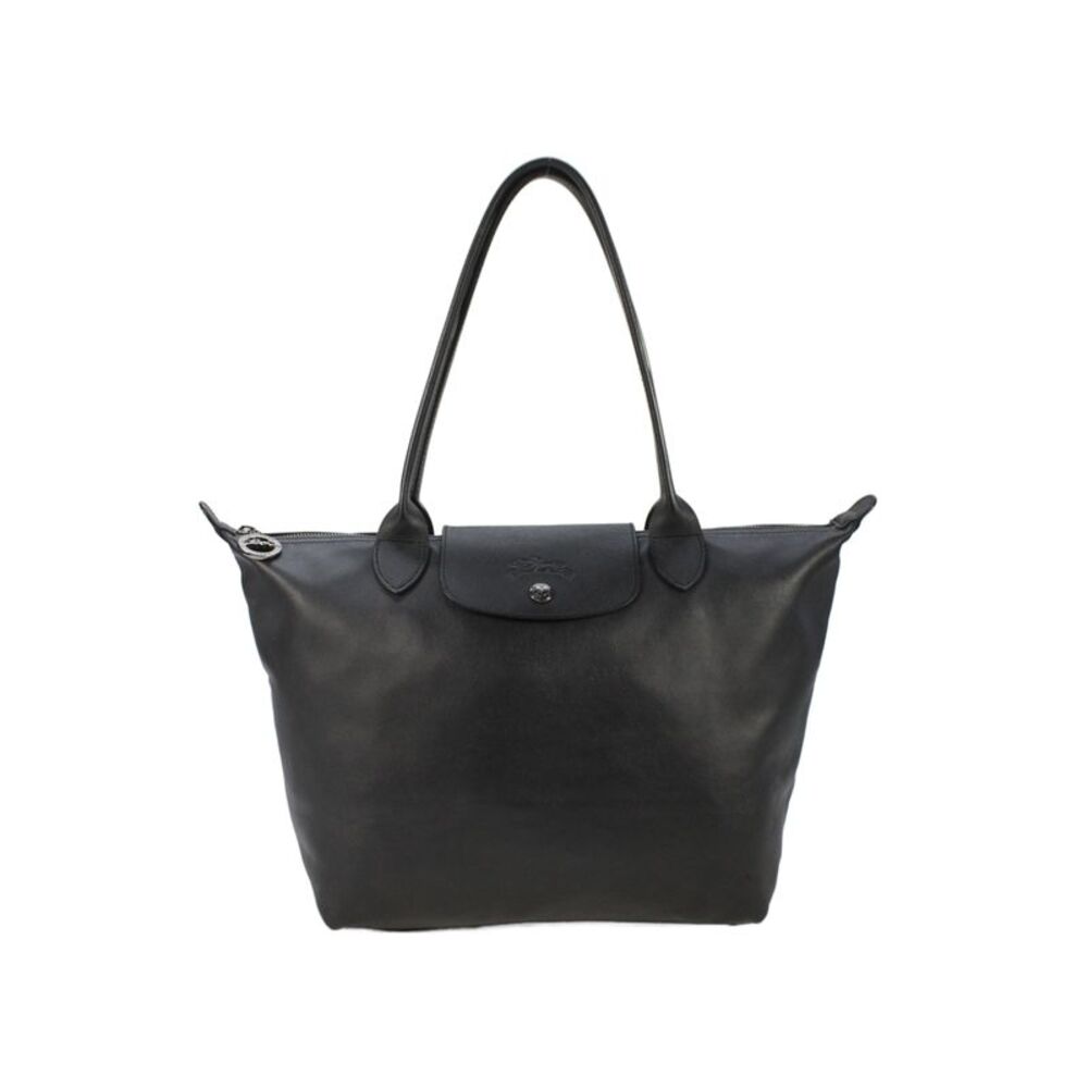 Longchamp Paris Womens Double Handle Leather Le Pliage Tote Handbag Black